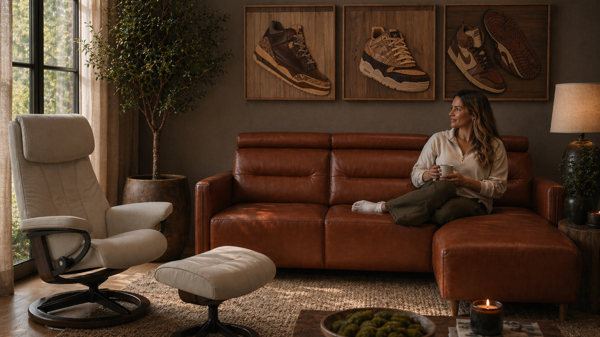 Harmony Home living room with leather sectional, recliner, and warm natural light